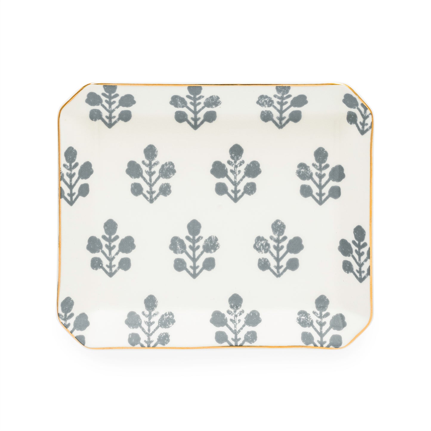 slate grey floral patterned ceramic tray with gold edging detail
