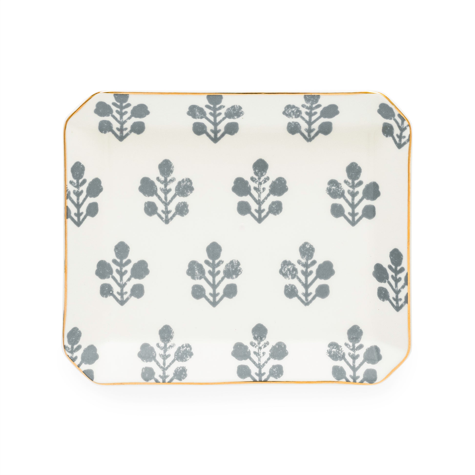 slate grey floral patterned ceramic tray with gold edging detail