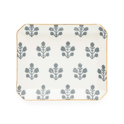 slate grey floral patterned ceramic tray with gold edging detail