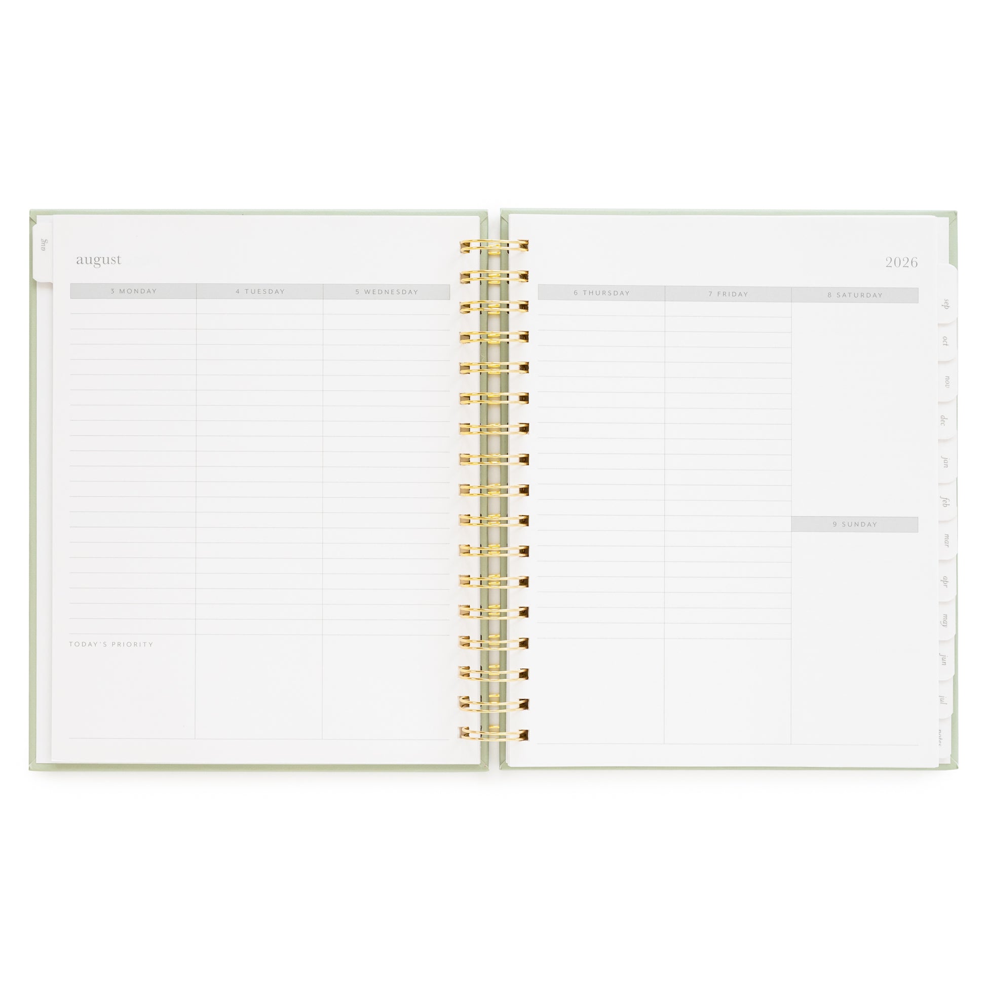 Open spiral bound planner with weekly layout and space for today's priority in the bottom of each day of the week
