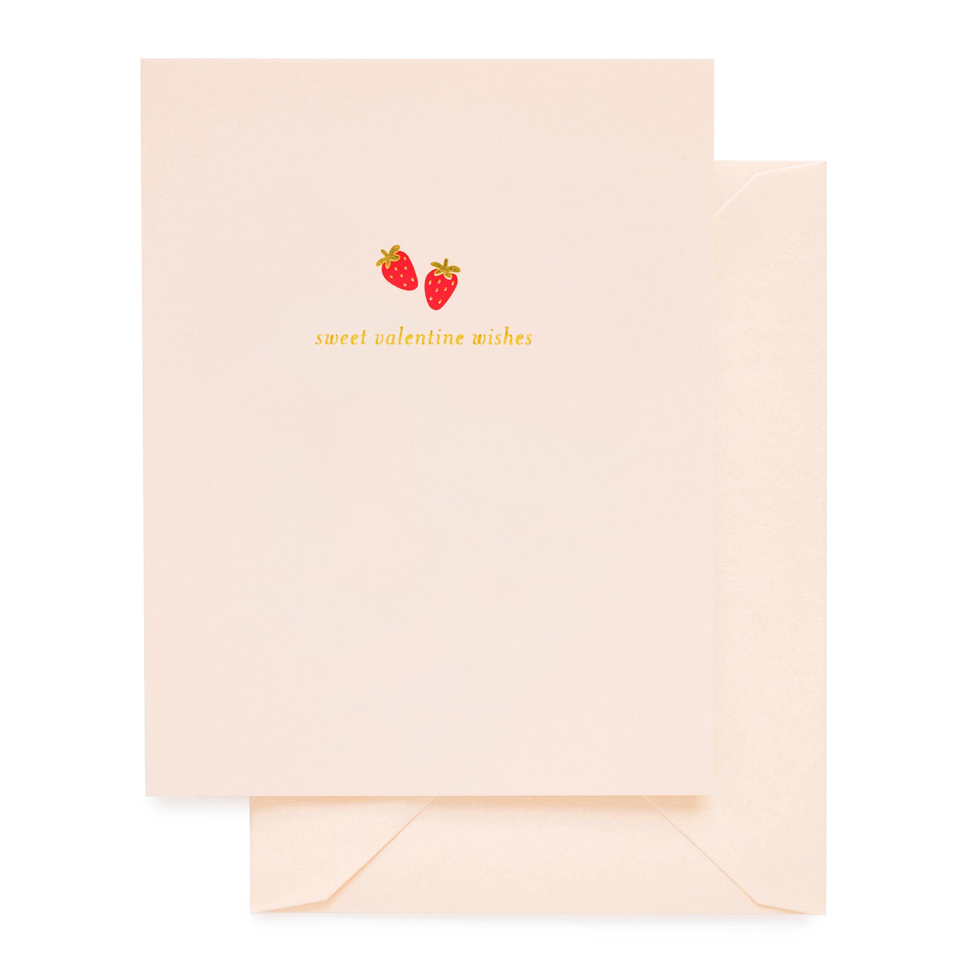 Pale pink card with strawberry design and 'sweet Valentine wishes' with a pink envelope