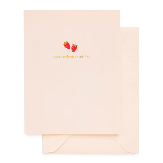 Pale pink card with strawberry design and 'sweet Valentine wishes' with a pink envelope