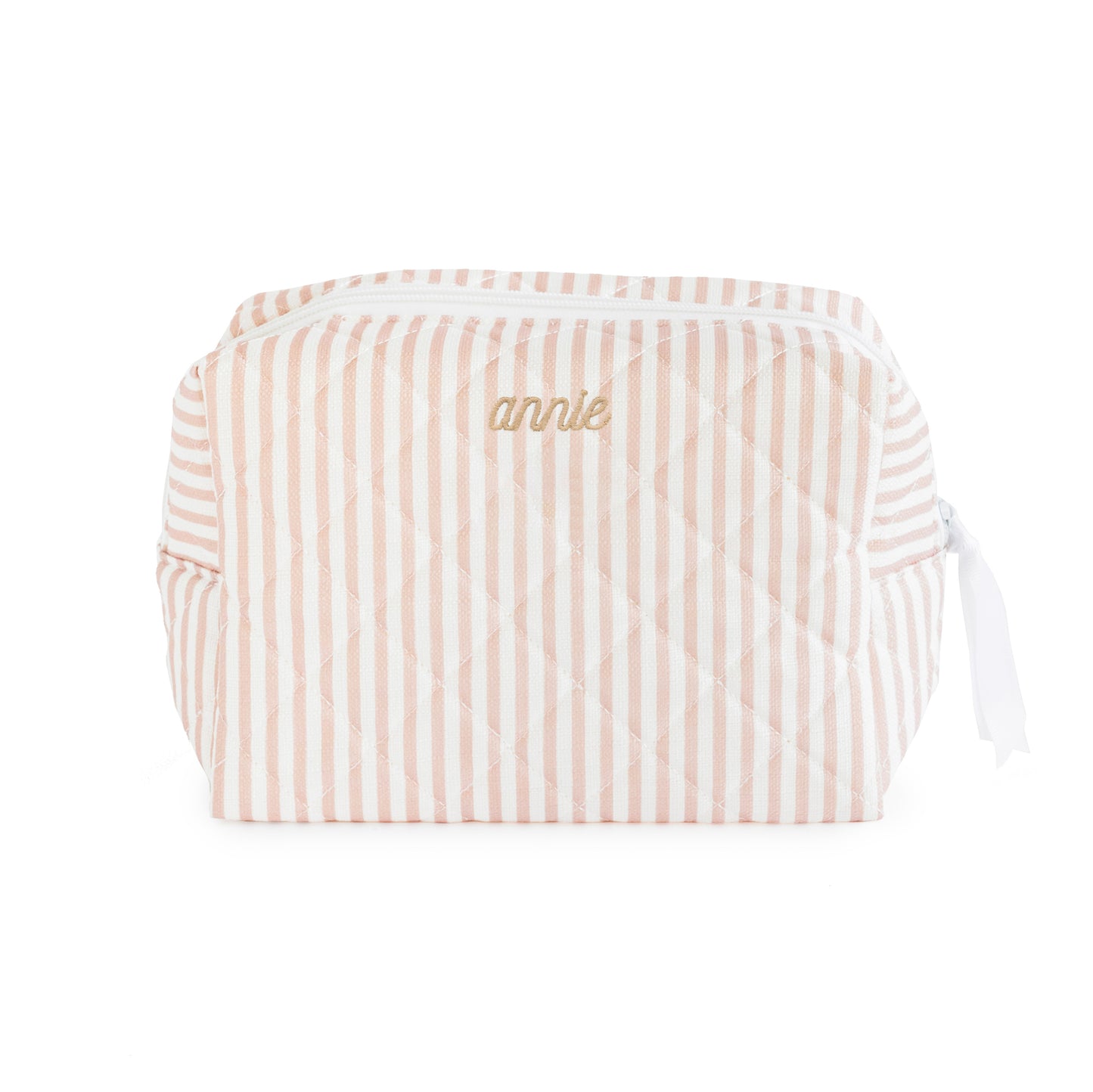 Rose striped pouch with white zipper and white ribbon pull with "annie" embroidered in tan thread