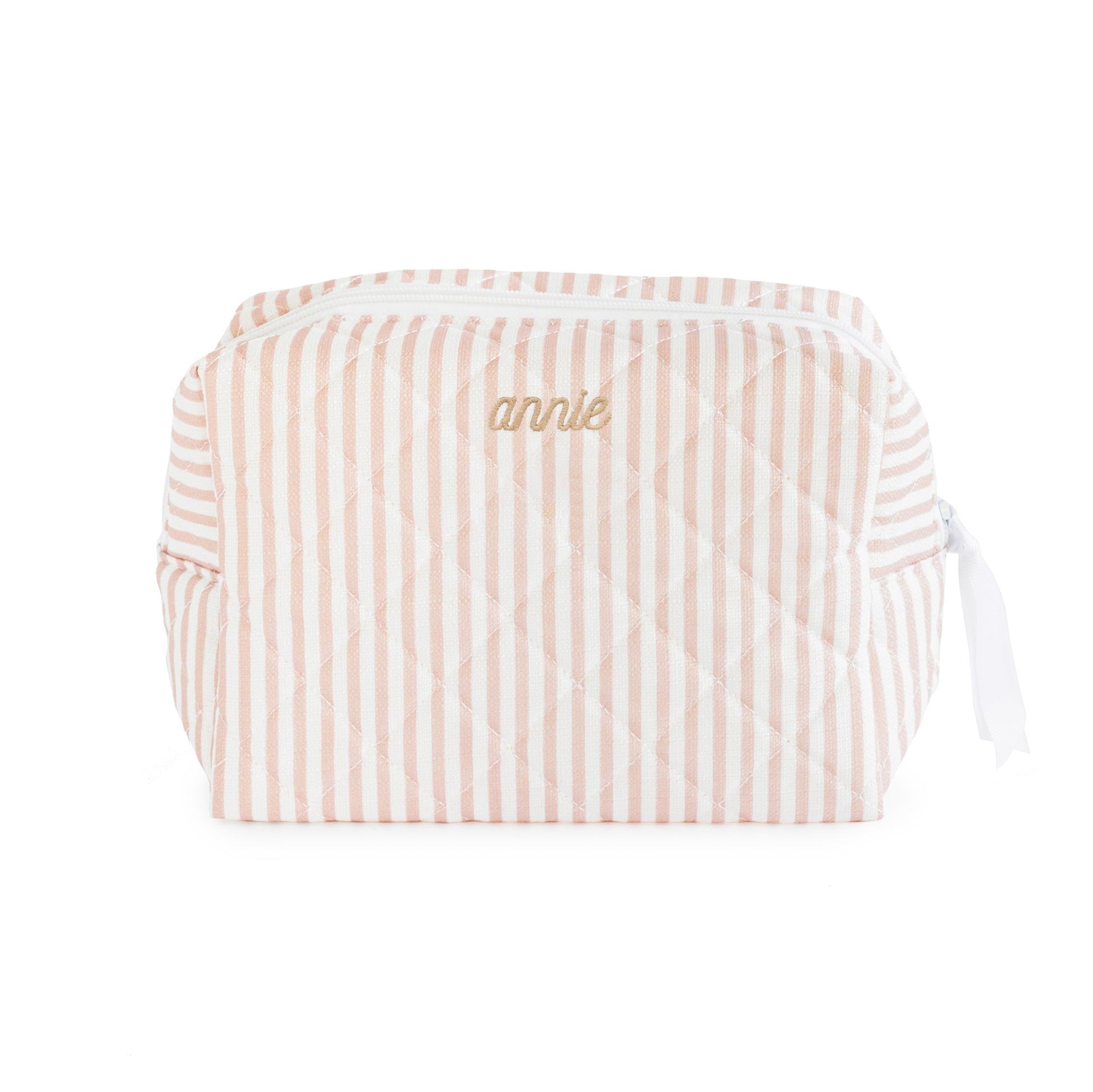 Rose striped pouch with white zipper and white ribbon pull with "annie" embroidered in tan thread