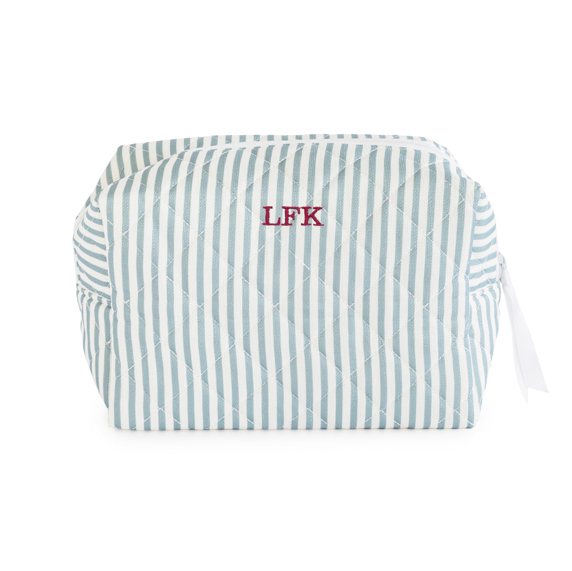 Blue and white striped pouch with white zipper and white ribbon pull embroidered with "LFK" in red thread