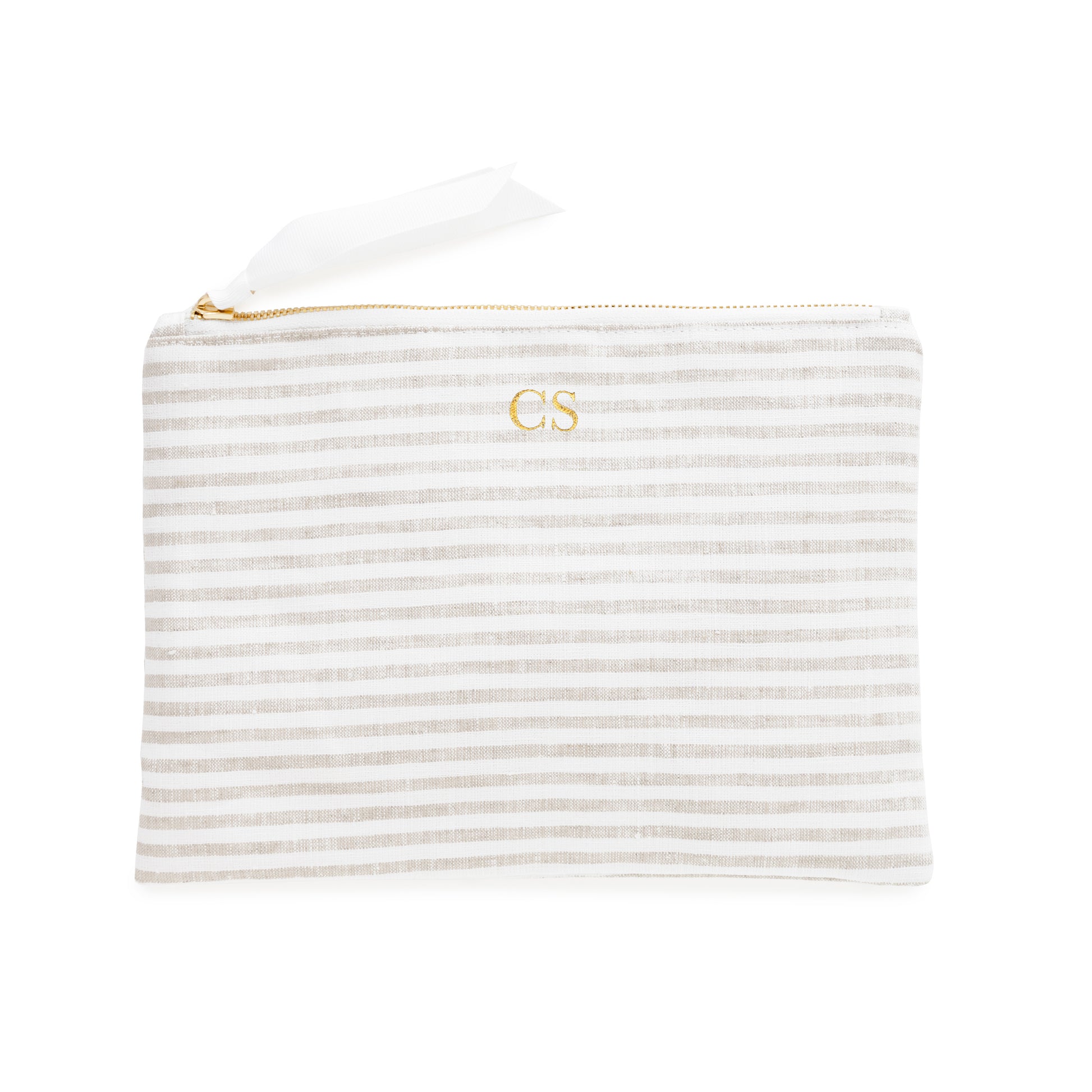 Flax and white striped fabric pouch with gold foil initials 'CS' with a white ribbon pull