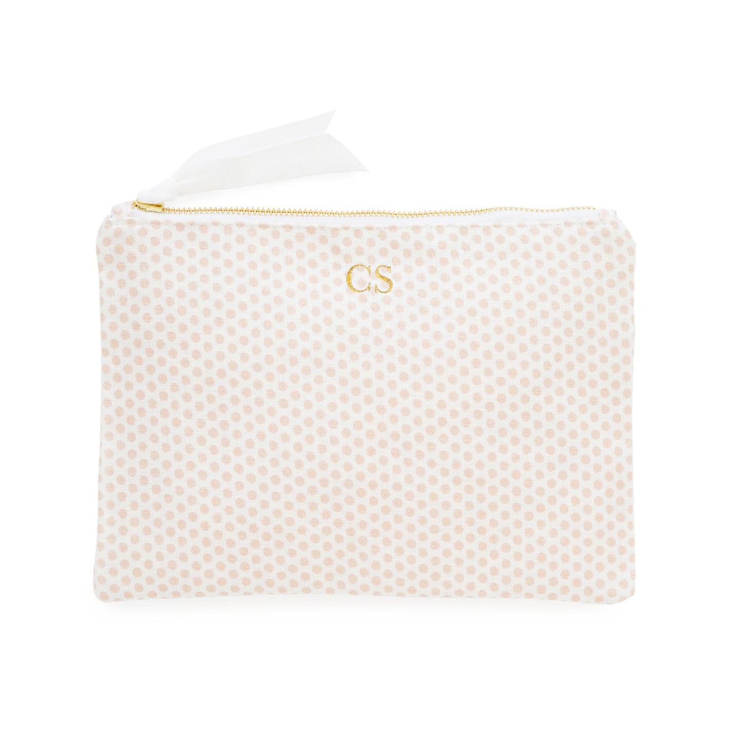 White pouch with pink polka dots and gold initials with a gold zipper and white ribbon pull