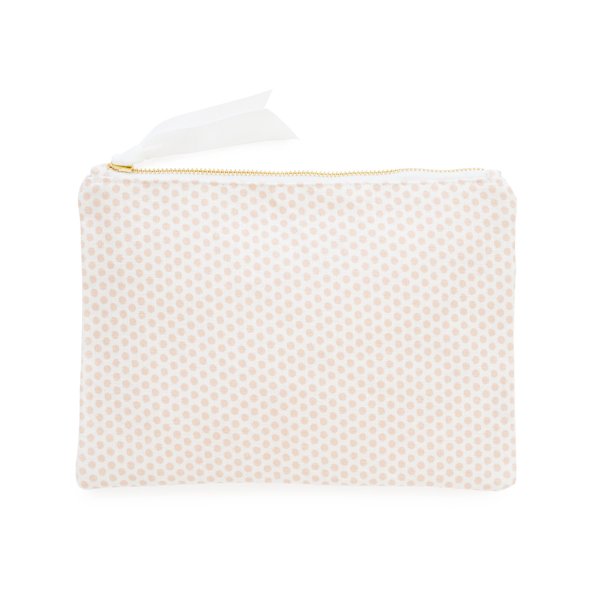 White and pink dot pouch with gold zipper and white ribbon pull