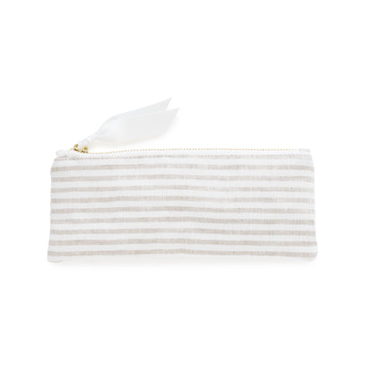 Beige striped pouch with a gold zipper and white ribbon pull