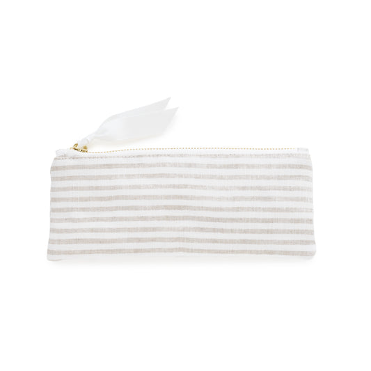 Beige striped pouch with a gold zipper and white ribbon pull