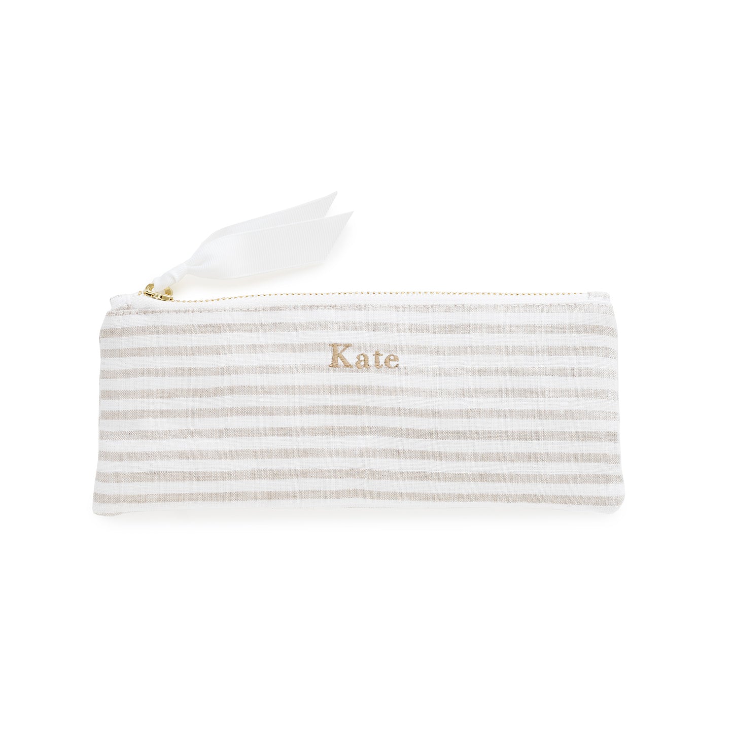 Striped pouch with 'Kate' in embroidery