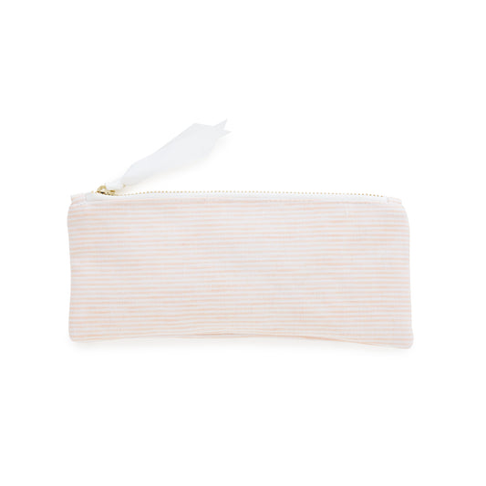 White and pink stripe pouch with gold zipper and white ribbon pull