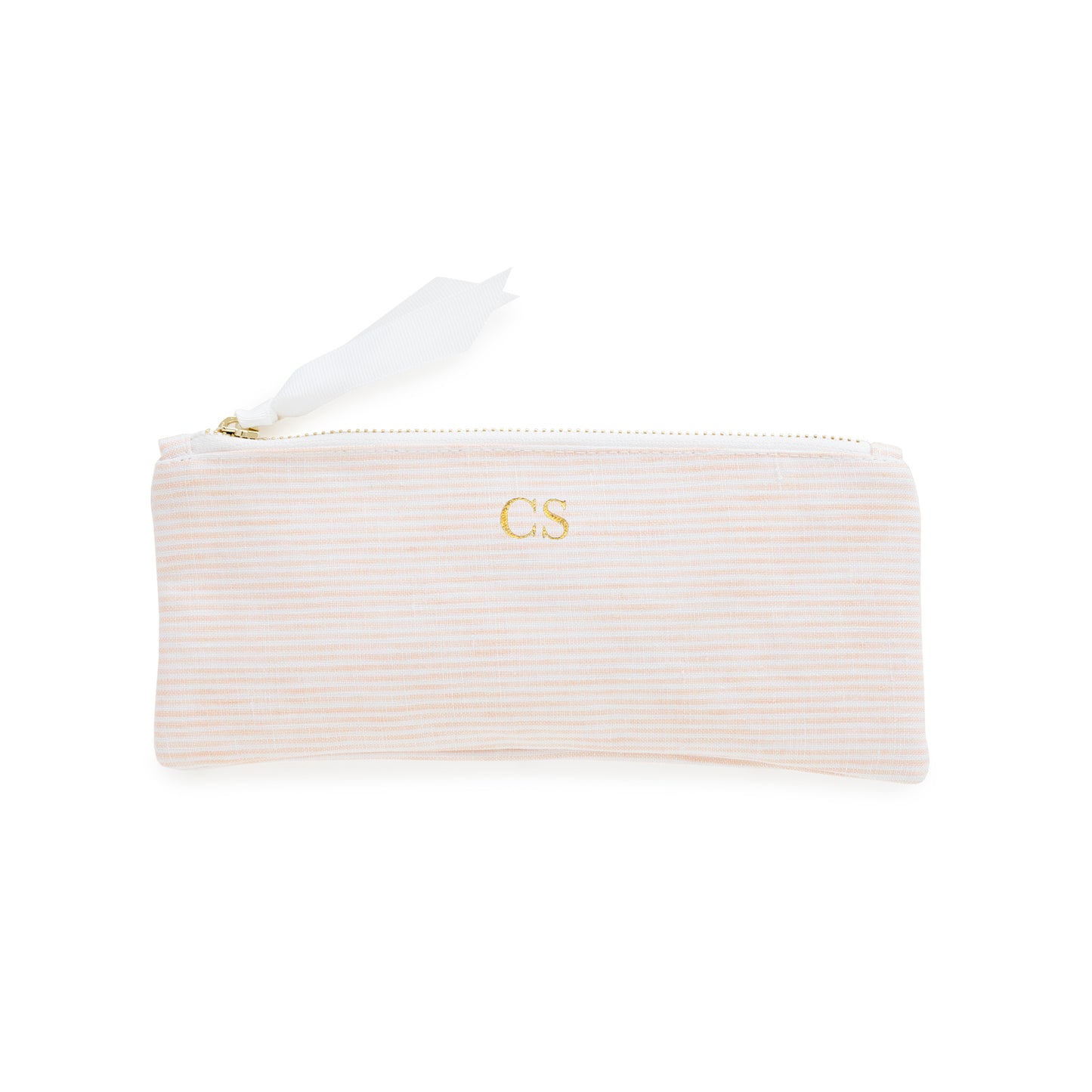 Pink striped pouch with gold initials, gold zipper, and white ribbon pull
