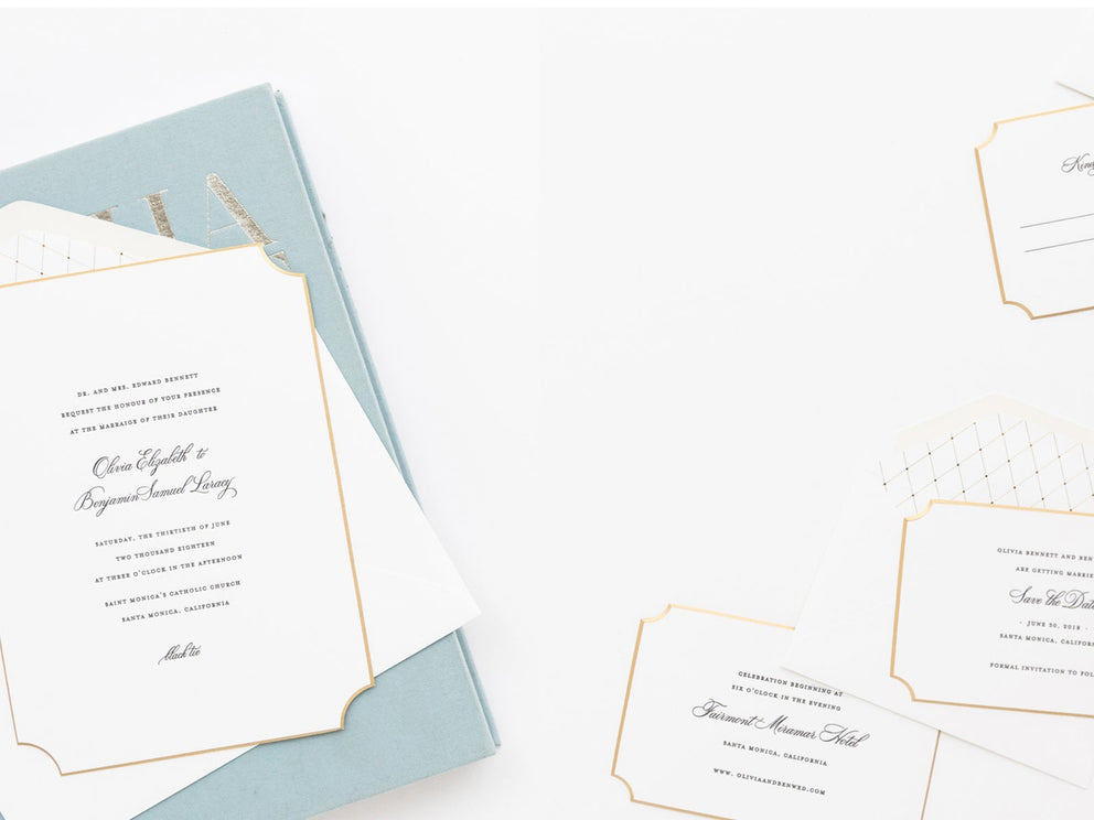 wedding invitation suite with black letterpress on white extra thick paper with gold beveled die cut edges