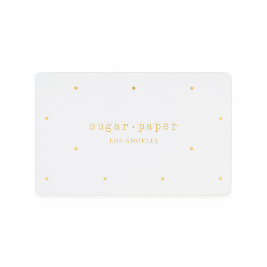 White with gold polka dots gift card with sugar paper logo