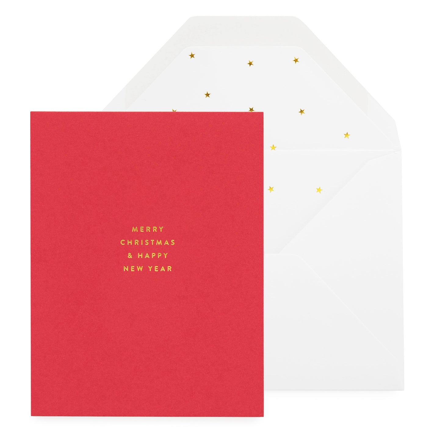 A red holiday greeting card with 'Merry Christmas & Happy New Year' printed in white, accompanied by a white envelope with gold star pattern liner