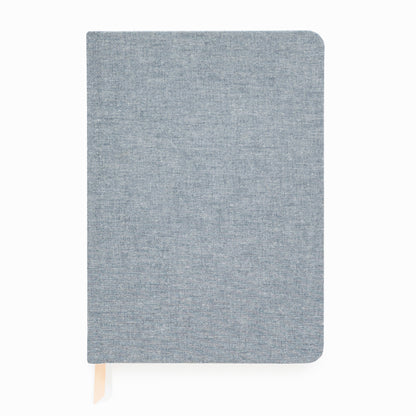 Chambray fabric journal with white and pink ribbon markers