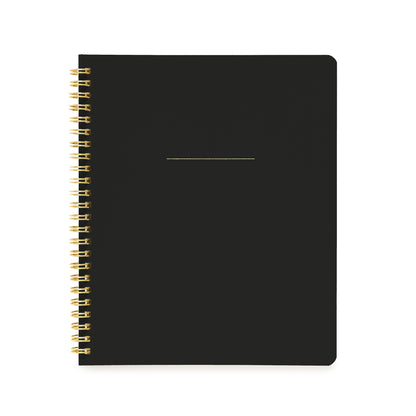 Black spiral notebook and gold foil details