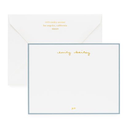 Personalized stationery with gold foil name and address and blue border