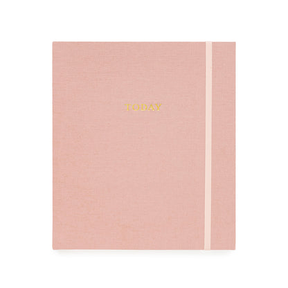 rose linen mindful journal with pale pink elastic band and gold foil today