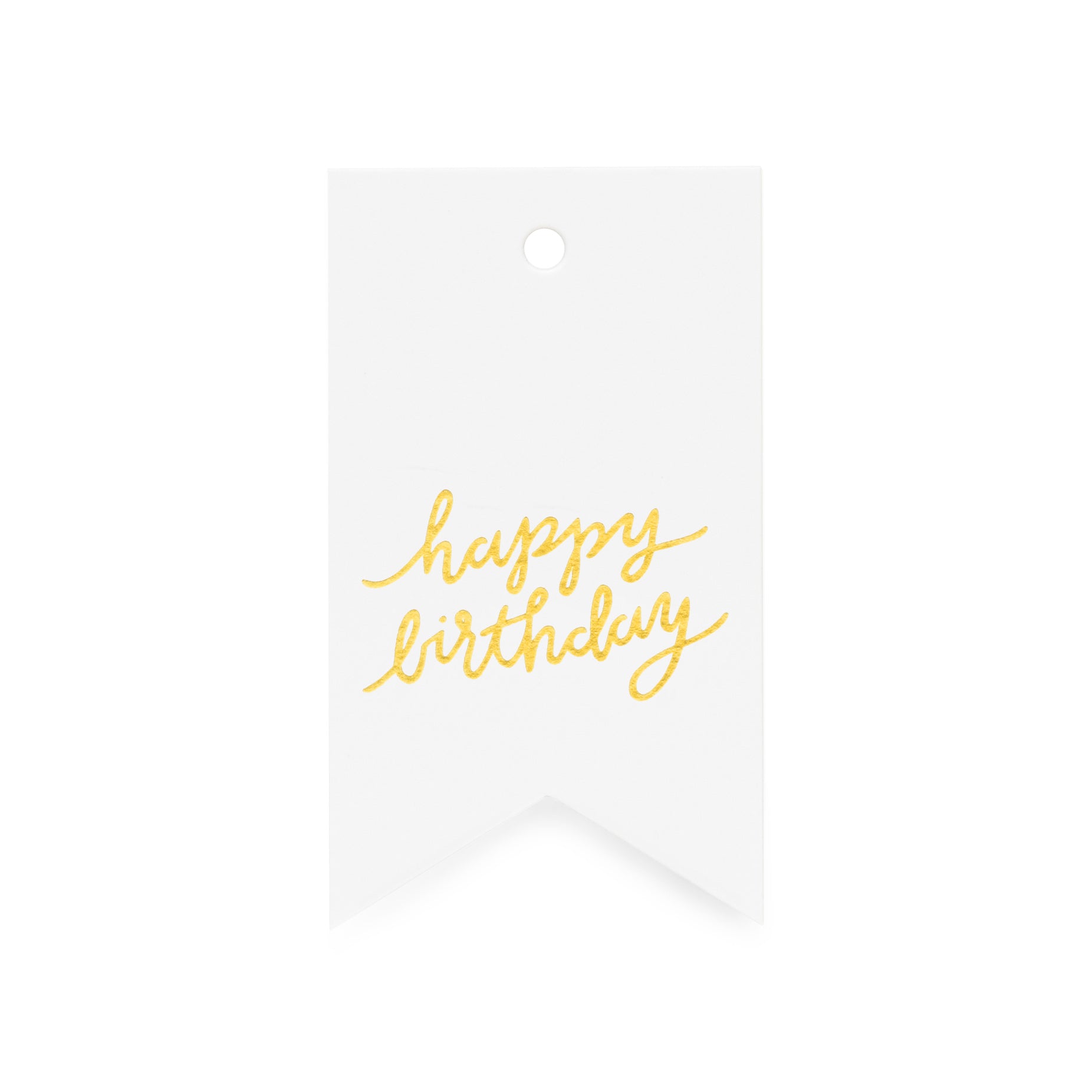 white gift tag with "happy birthday" in gold foil script
