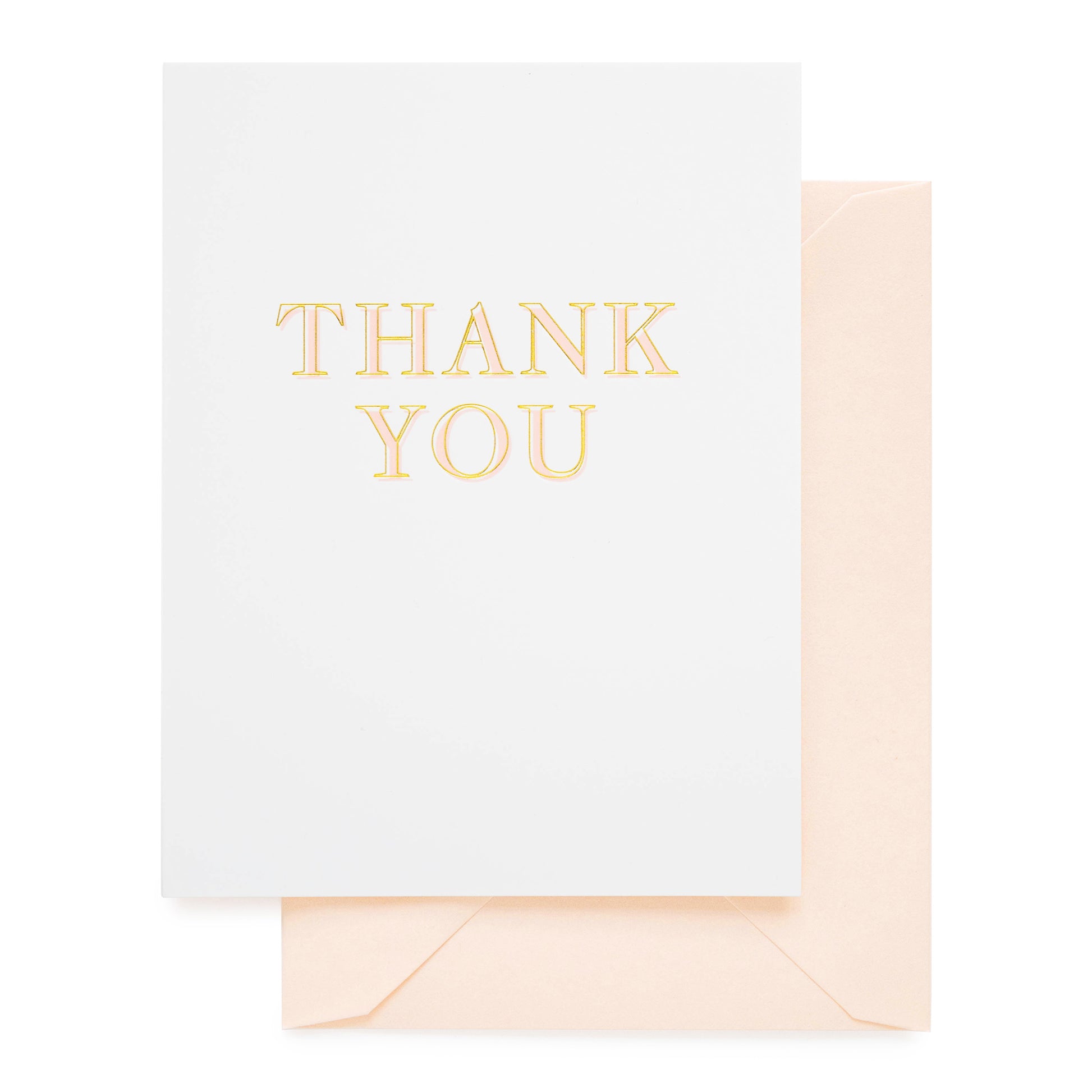 Etched pink and gold foil thank you card printed on white paper with a pink envelope