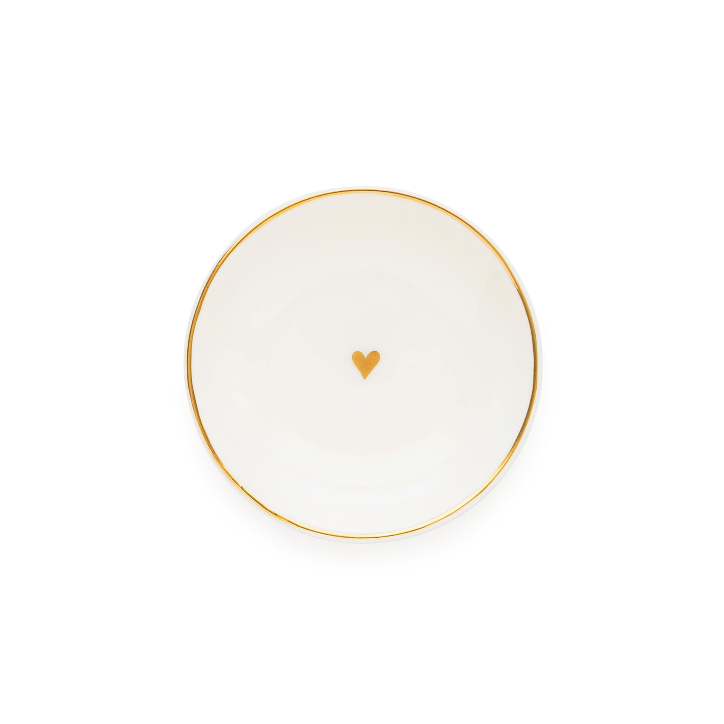 A white ceramic round trinket tray with gold details, including a gold heart in the center and a gold rim.