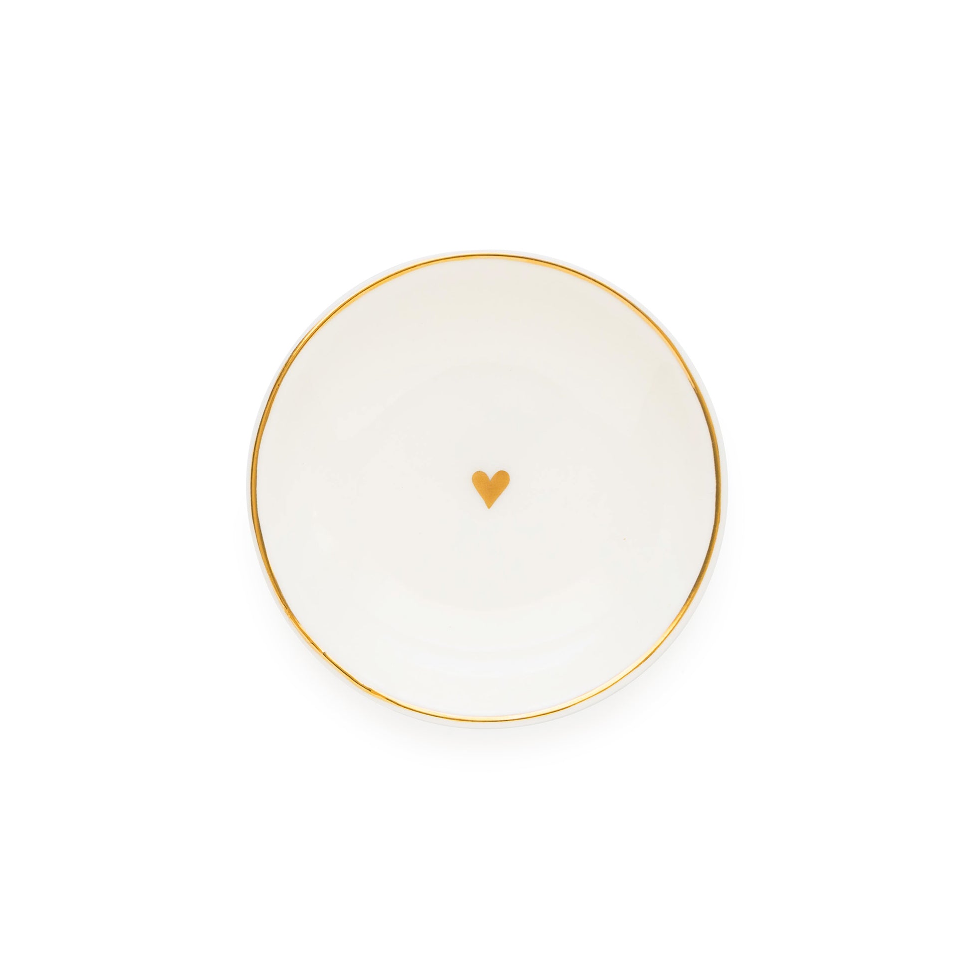 A white ceramic round trinket tray with gold details, including a gold heart in the center and a gold rim.