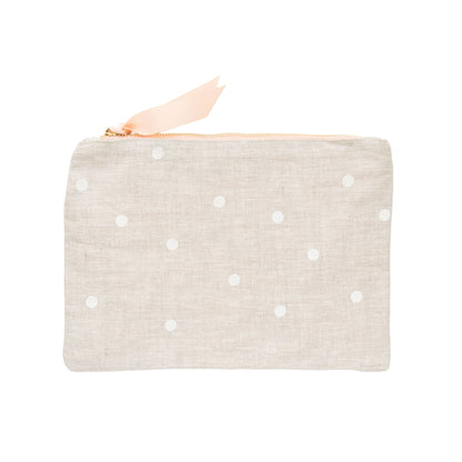 Flax and white dot fabric pouch with pink ribbon pull